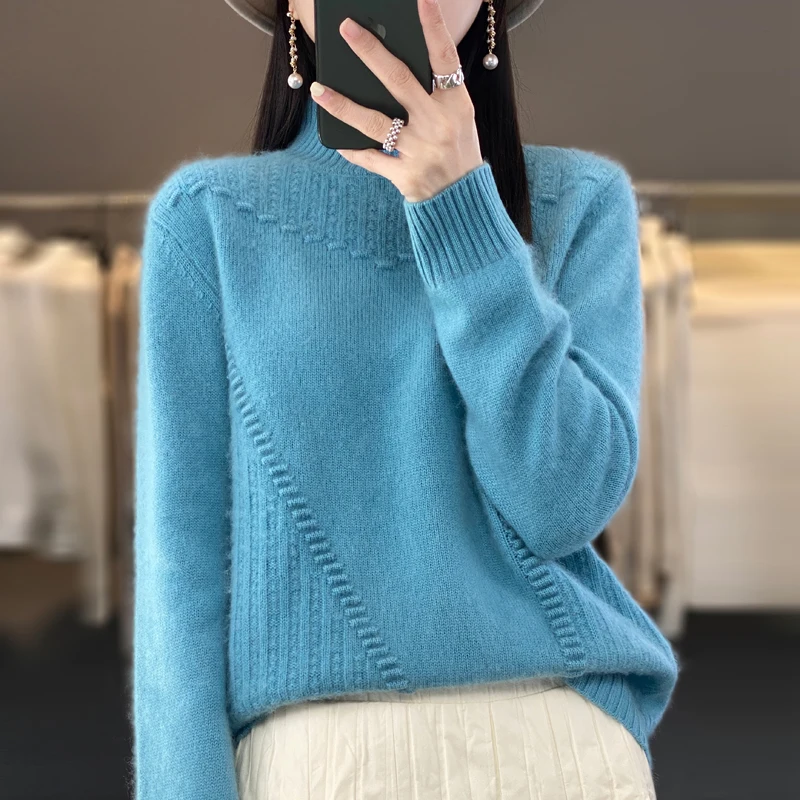 New women\'s semi-turtleneck pullover in autumn and winter 100% Merino wool knitted top thickened casual loose cashmere sweater