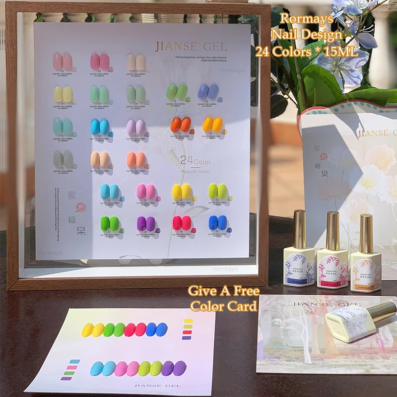 Rormays Candy gel Polished 24 Color PCS Shiny Macaron New Varnish Semi Permanent gel Soaked UV LED Nail Art High Saturation 15ML