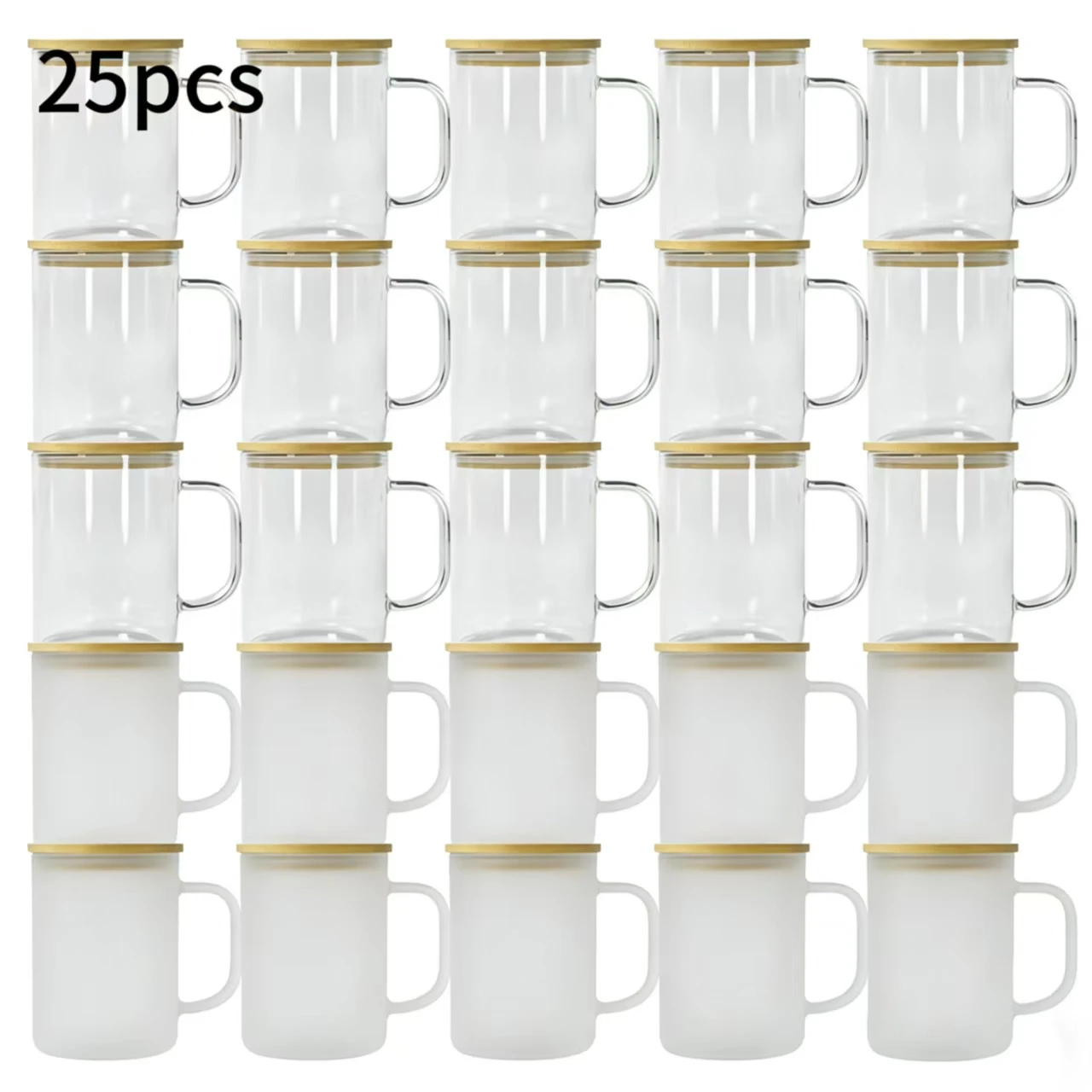 

25pcs US warehouse, frosted glass mugs, blank 15-ounce clear beer glasses with handles; clear/frosted 15-ounce heat-transfer beer glasses, blank sublimation mugs with handles, bamboo lids and straws