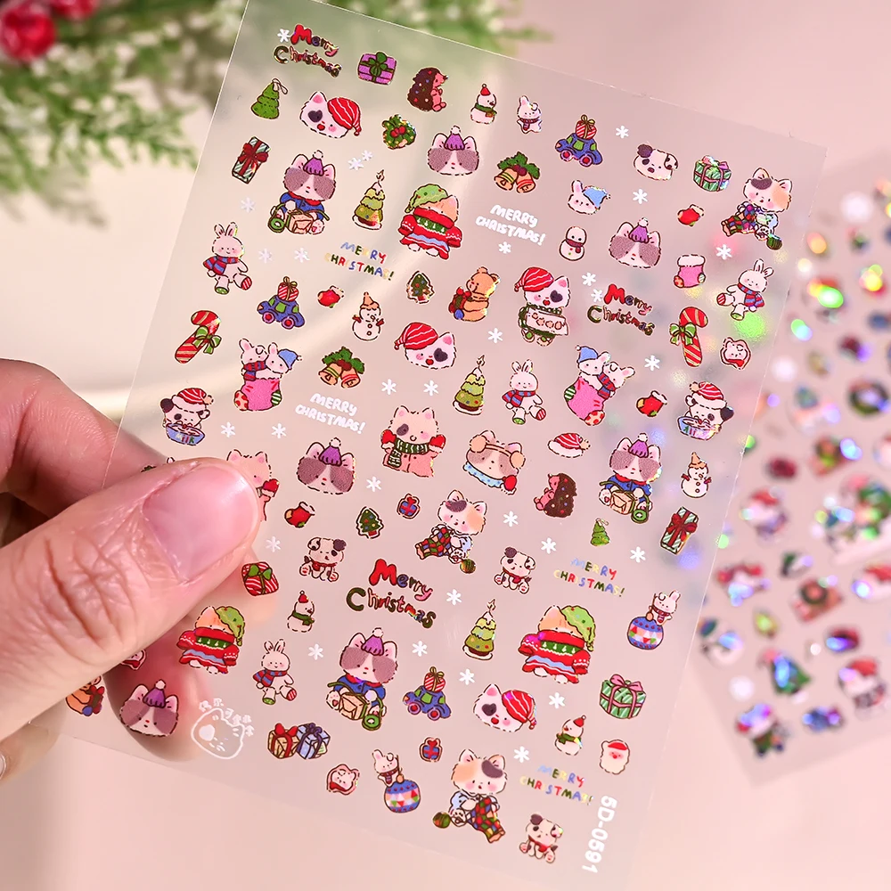 5D شجرة عيد الميلاد مسمار ملصقا لامعة الاستقطاب ندفة الثلج لطيف الدب القوس سانتا كلوز مسمار الشارات DIY بها بنفسك عيد الميلاد الشتاء مانيكير ملصق