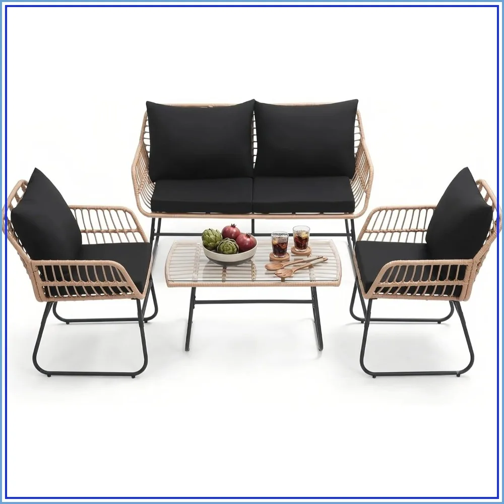 4-Piece Outdoor Patio Furniture Set, Natural/Black, Wicker Rattan