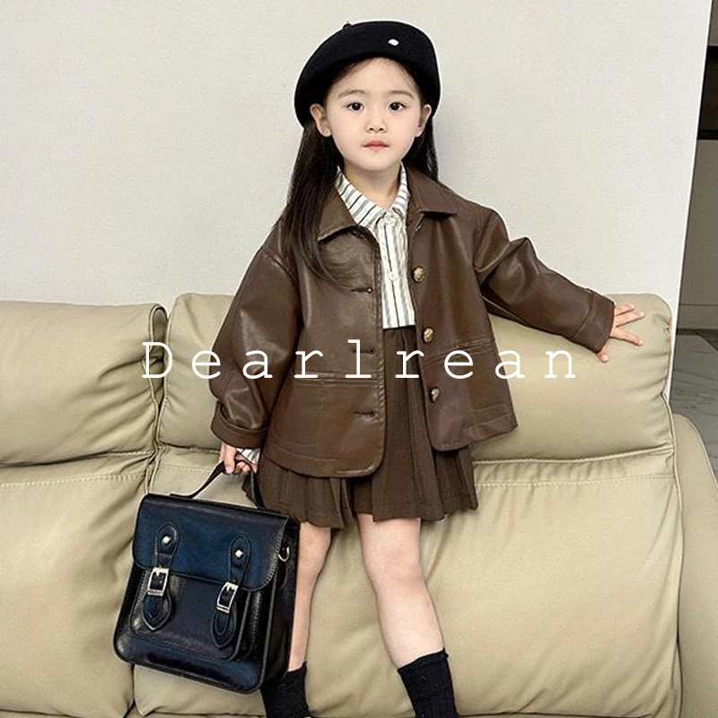 Girls Clothes Autumn 2024 Leather Jacket Brown Locomotive Vintage Pleated Skirt Wrap White Striped Shirt Baby Fashion 3-pcs