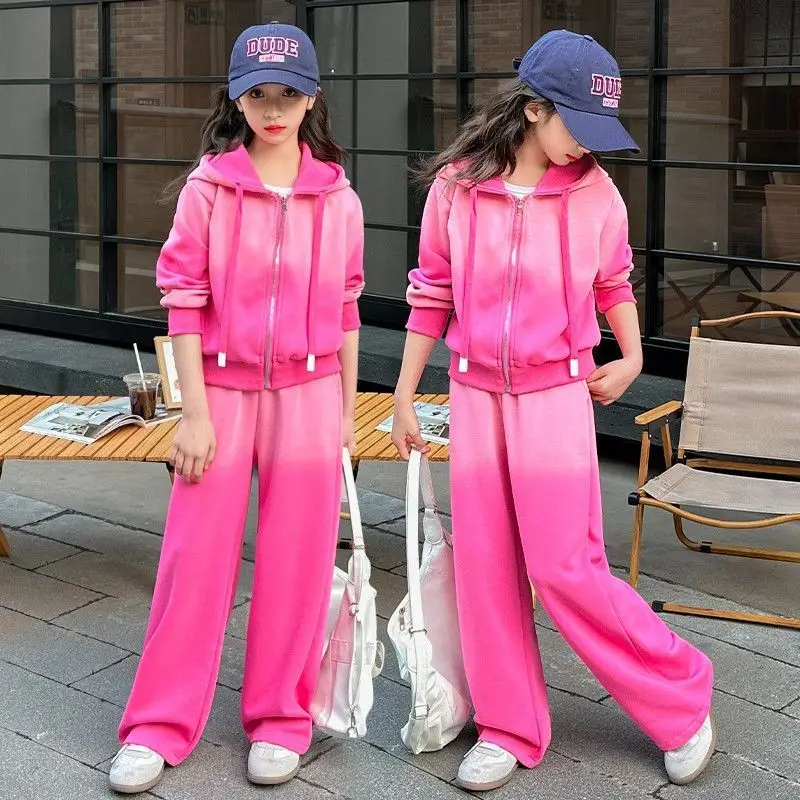 Girls Suit Set Spring Autumn Korean Version Tie-dye Gradient Design Hooded Zipper Sweater Jacket + Sports Pants 2Pcs Tracksuit