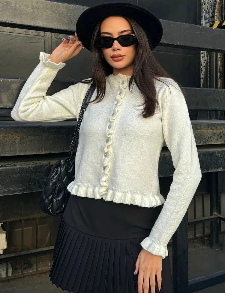 

Вязаный кардиган Tossy с рюшами, пальто для женщин, модный лоскутный элегантный свитер в рубчик с длинными рукавами, верхняя одежда, женский вязаный кардиган