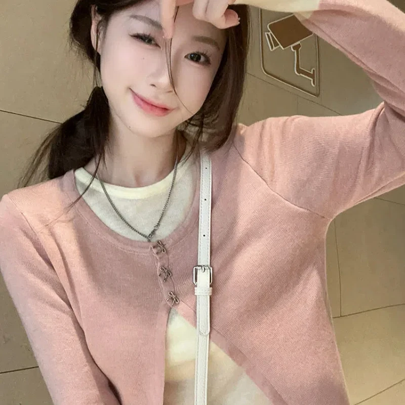 

Girl's Pink Fake Two Piece Knitted Cardigan Women's Sweet and Spicy Slim Fit Meat Blocking Top Trendy