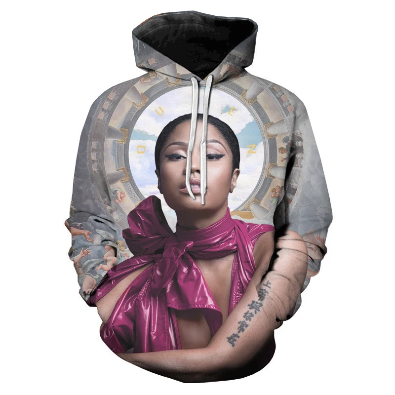 Homens e mulheres O-pescoço pulôver de manga comprida, cantora, Nicki Minaj, 3D impresso Hoodies, Harajuku moletom, streetwear extragrande