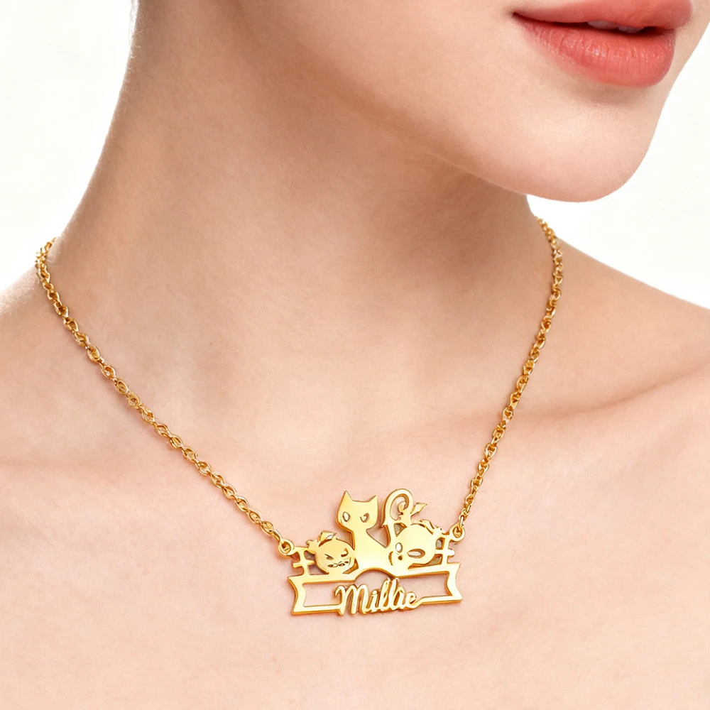 Personalized Cat Pumpkins Name Necklace for Women Custom Skull Pendant Stainless Steel Jewelry Customized Halloween Party Gifts