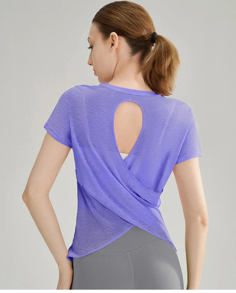 Bambusgarn-Sport-T-Shirt mit schönem Rückendesign, Yoga-Kleidung, Oberteil, schnell trocknendes Fitness-Shirt mit kurzen Ärmeln – Detail 9