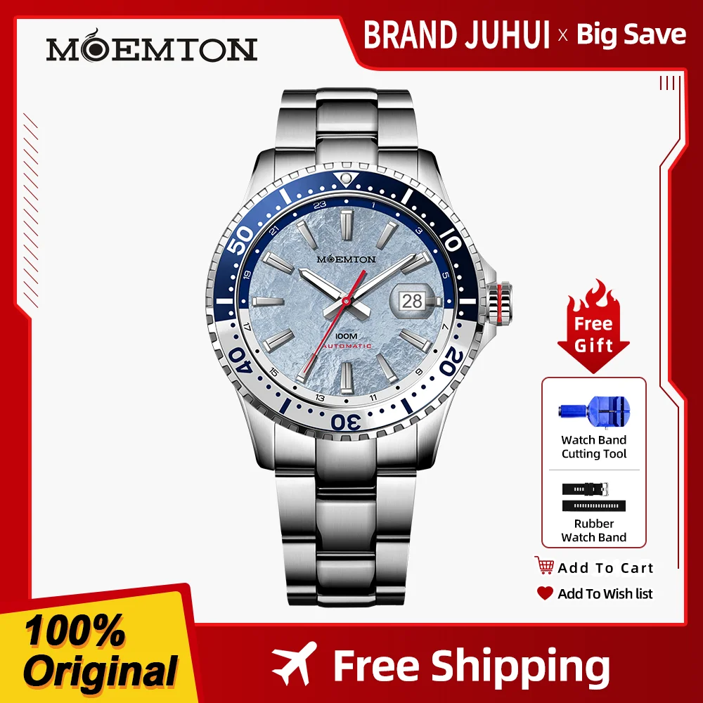 MOEMTON мужские автоматические механические часы 10 бар водонепроницаемые модные сапфировые светящиеся часы для дайвинга со стальной полосой наручные часы