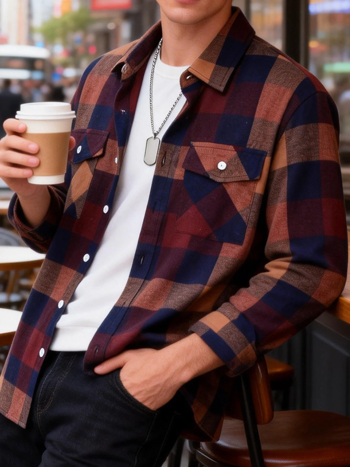 Men's Vintage Red-Brown Plaid Long-Sleeve Shirt with Double Pockets and Turn-Down Collar, Loose Casual Top for Spring and Autumn, Trendy Plaid Outerwear