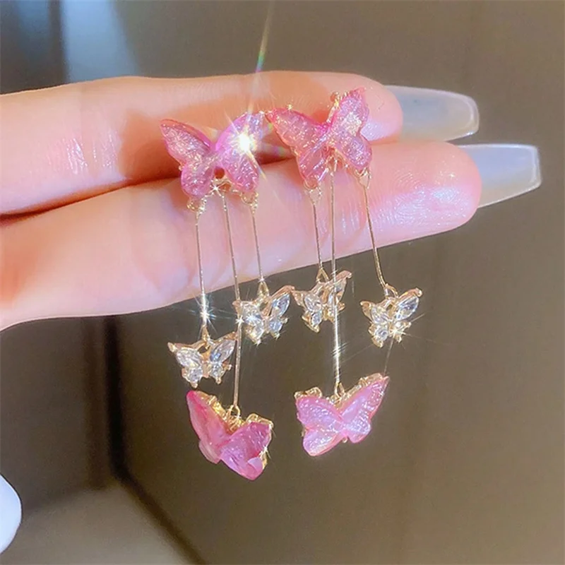 Romantische lila Schmetterling Tropfen Ohrringe für Frauen glänzende Strass Kristall lange Quaste Ohrringe zarte Hochzeit Party Schmuck – Detail 2