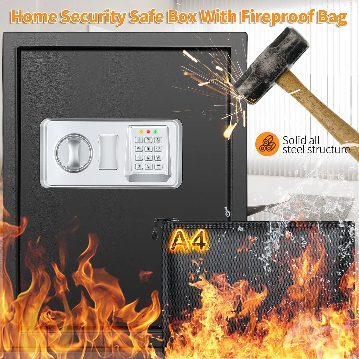 3.0 Cub Large Fireproof Safe Box for Home Use, Anti-Theft Home Safes Fireproof Waterproof, Money Safe for Home with Fireproof Ba