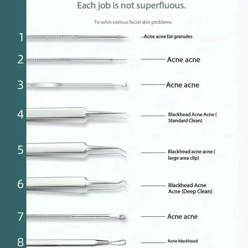 8ピースステンレススチールのにきび除去ツールセット、収納ボックス、にきびクリップピンセット、にきび針ツール、美顔器付き