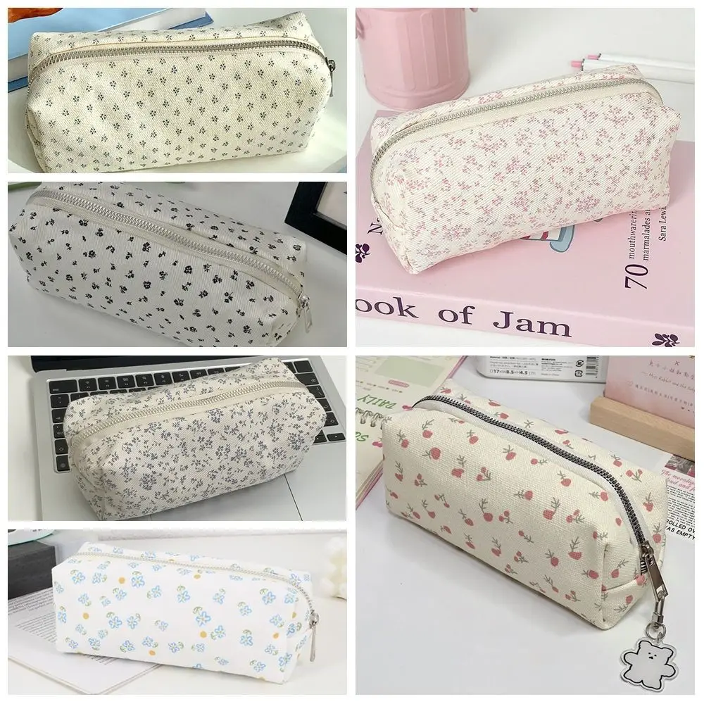 Cute Floral Print Pen Bag Large Capacity Multifunctional Pencil Case Stationery Organizer Gift