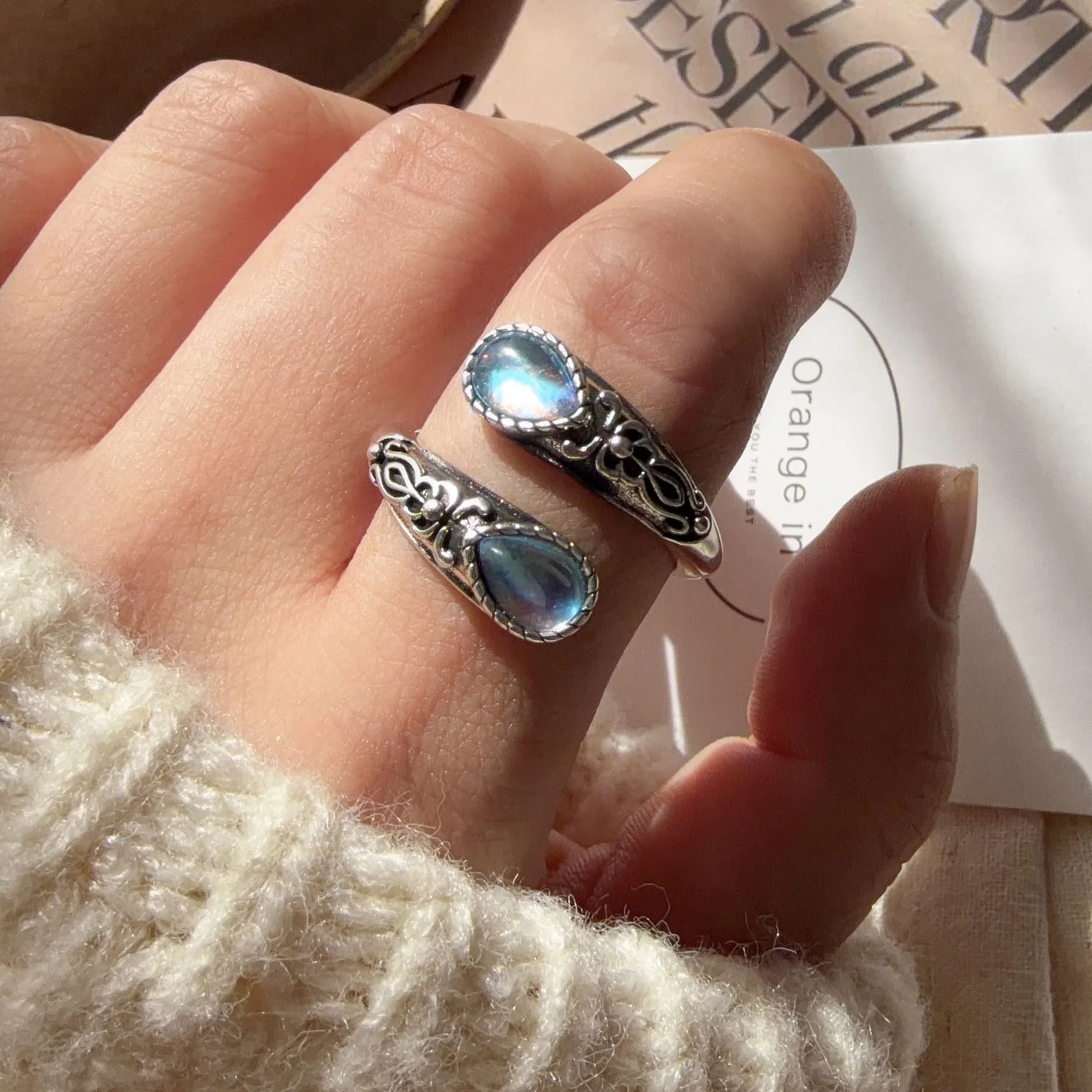 925 Sterling Silver Rings For Women Geometric Fine Jewelry Finger Adjustable Vintage BLue Stone Ring For Party Birthday Gift image 3