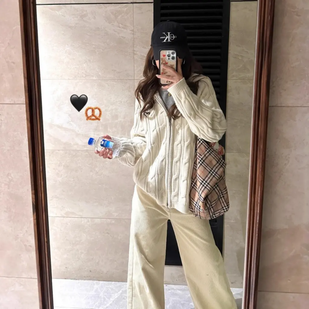 

American Style Vintage Knitted Hooded Cardigan Women Early Autumn Double Zipper Twist Sweater Jacket Lazy College Style Top