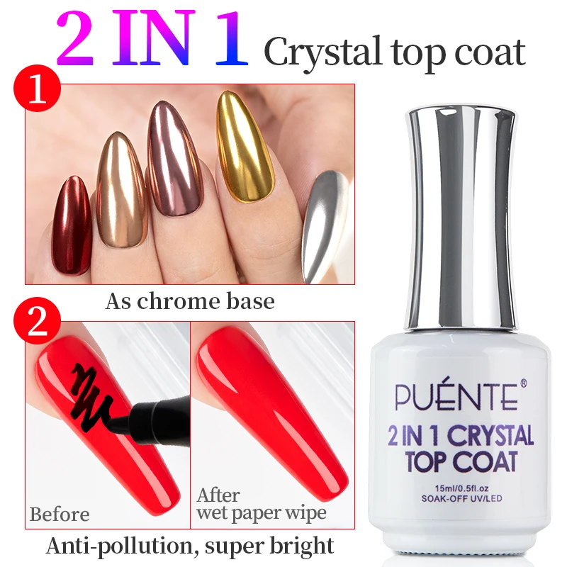 PUENTE 15ml Crystal Top Coat Gel Nail Polish Super Shine Diamond Top Coat Chrome Base Soak Off UV LED Nail Varnish Function Gel