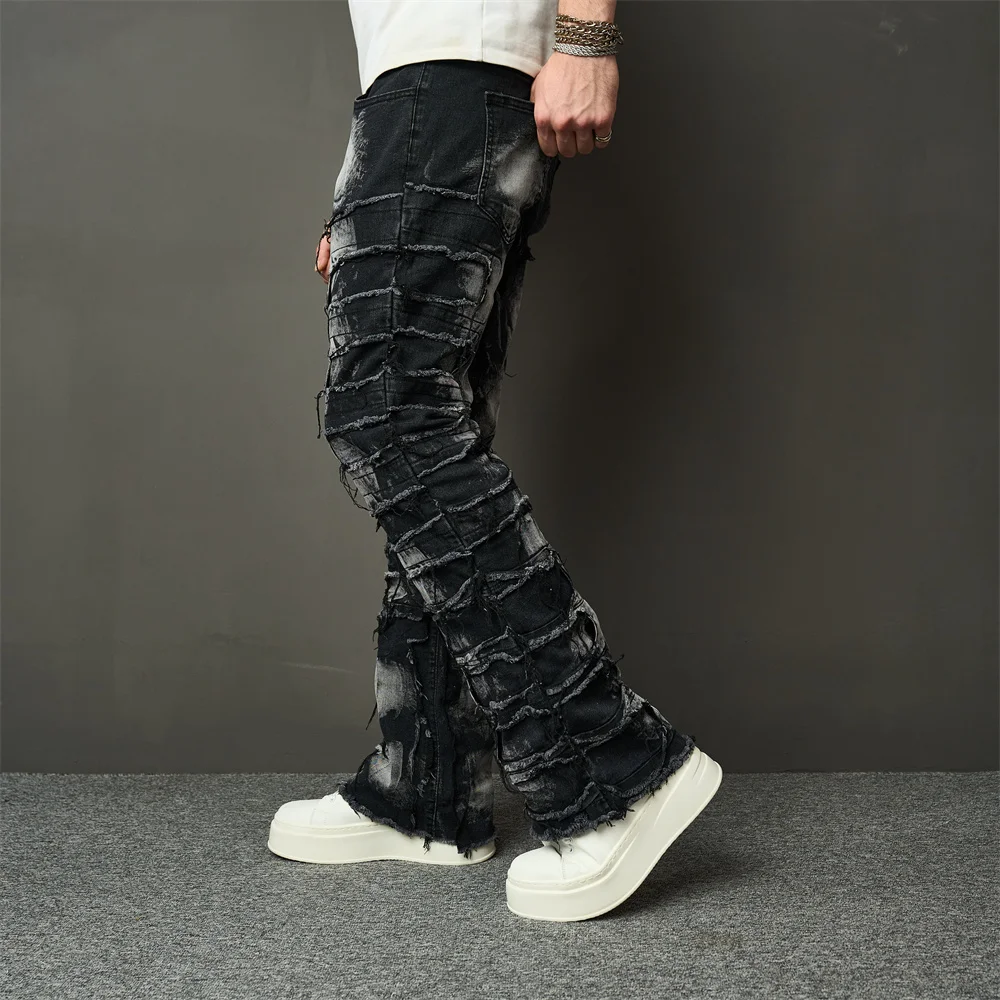 Streetwear HipHop Men Ripped Spliced Patch Straight Jeans Stylish Male Distressed Loose Biker Denim Pants