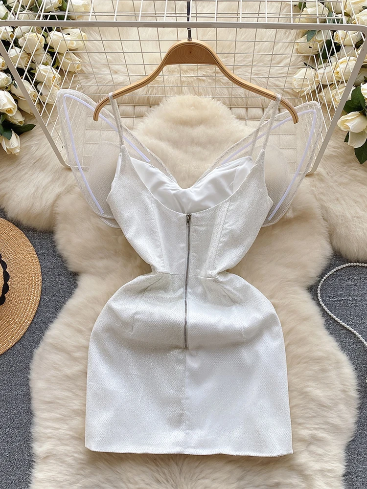 Women White Bodycon Dress Vintage Off Shoulder Sleeveless Mini Luxury Dress Y2k Party Club One Piece Frocks 2000s Clothes Summer