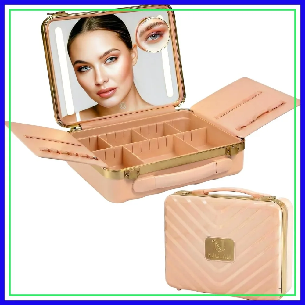 

Travel Makeup Case with LED Mirror - 3 Light Settings, Rechargeable, Mini 10x Mirror Included