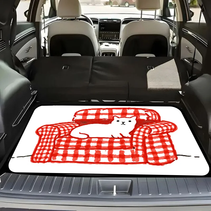 Universal Car Trunk Mat, Simple Hand-Drawn White Cat On Red & White Checkered Armchair Illustration Art Print - Cute Minimalist