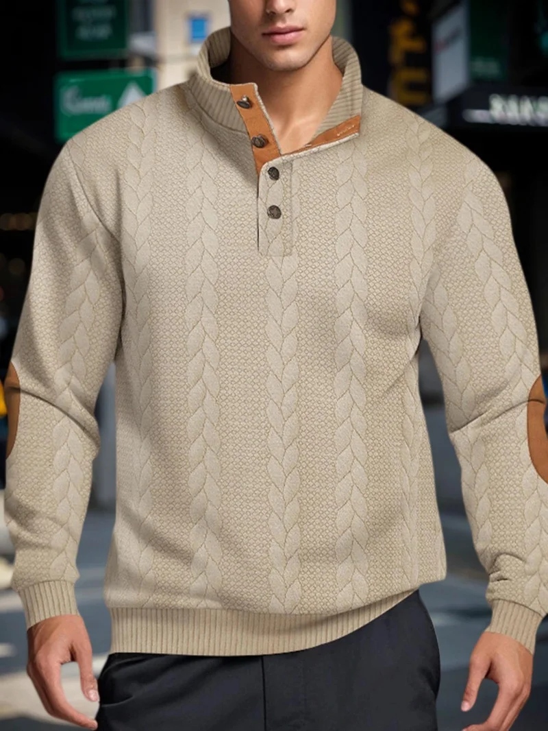 Suéteres de punto Jacquard para hombre, suéteres cálidos con cuello levantado y botones, sudadera informal de manga larga para exteriores