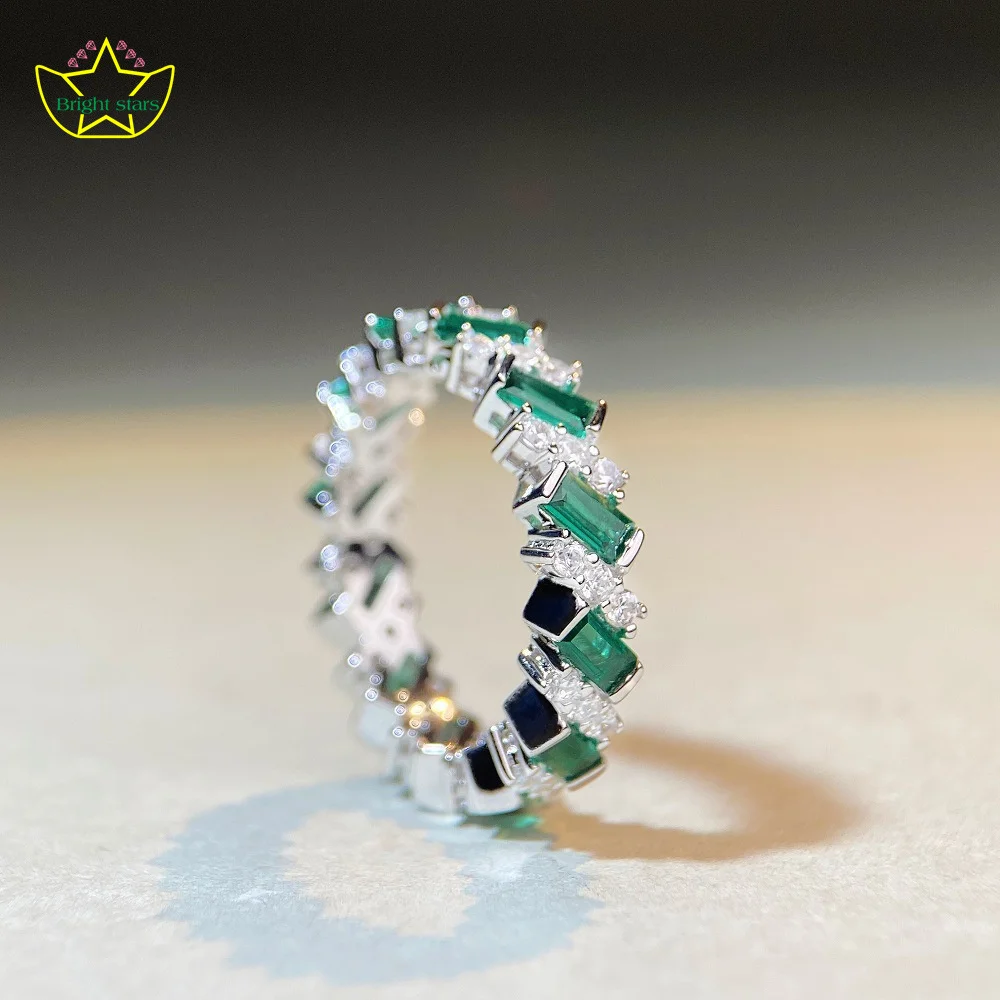 

Bright Stars S925 silver emerald diamond-encrusted row ring fashion popular online celebrity rings