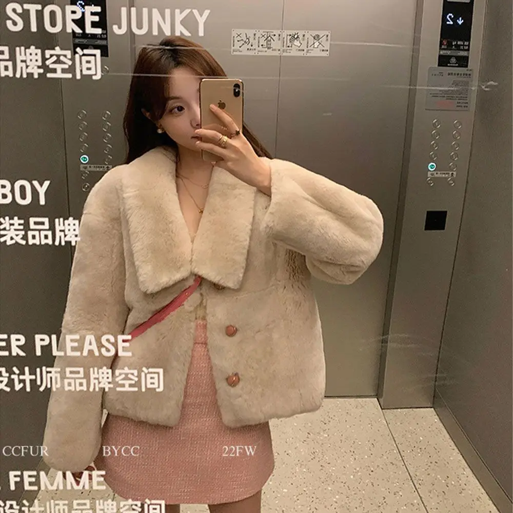 Korea Herfst Winter Mode Warme Nepbontjas Vrouwen Elegante Zoete Turn Down Kraag Pluche Jack Koreaanse Casual Bovenkleding