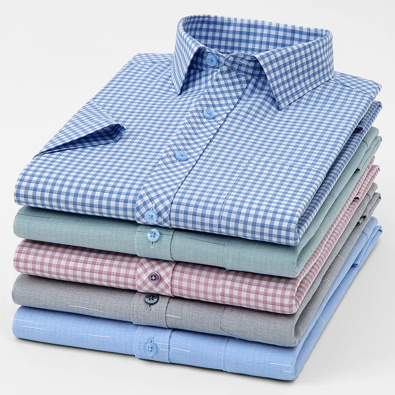 Bamboo fiber summer thin plaid short sleeve shirts for man slim fit formal plain shirt single pocket soft striped office clothes