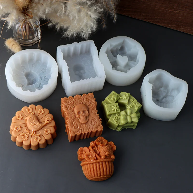 3D Blume Katze Bambus Korb Silikon Seife Form DIY Kreative Schleife Geschenkbox Blume Vogel Unregelmäßige Schädel Flache Gips Kerze Form