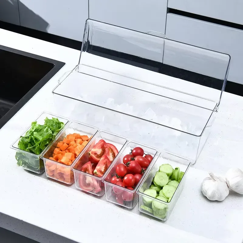 Plastic Transparent Fruit Condiment Server Chilled Service Ice Tray Acrylic Chilled Condiment Box with 5 Containers