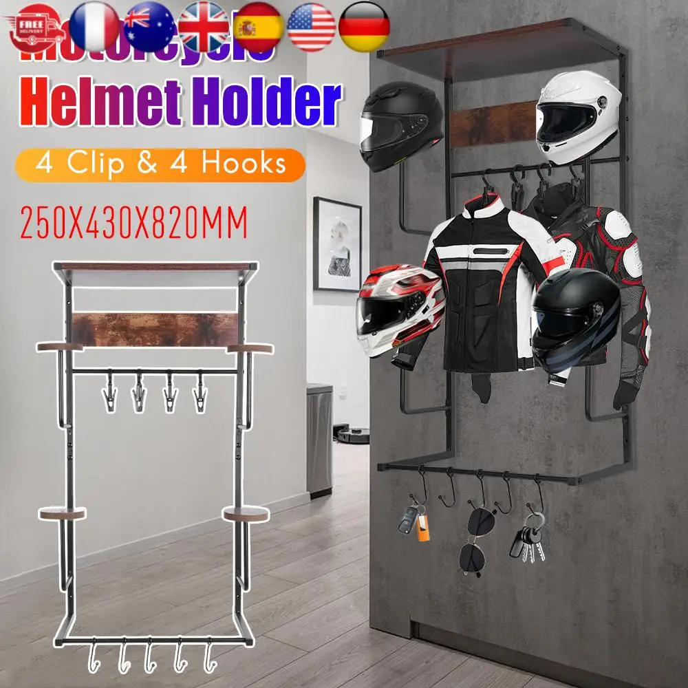 

Настенное крепление для мотоциклетного шлема с крючками, зажимами, деревянная полка, 4-уровневая стойка для шлема, снаряжения, одежды, бейсбольной кепки, дисплей для хранения
