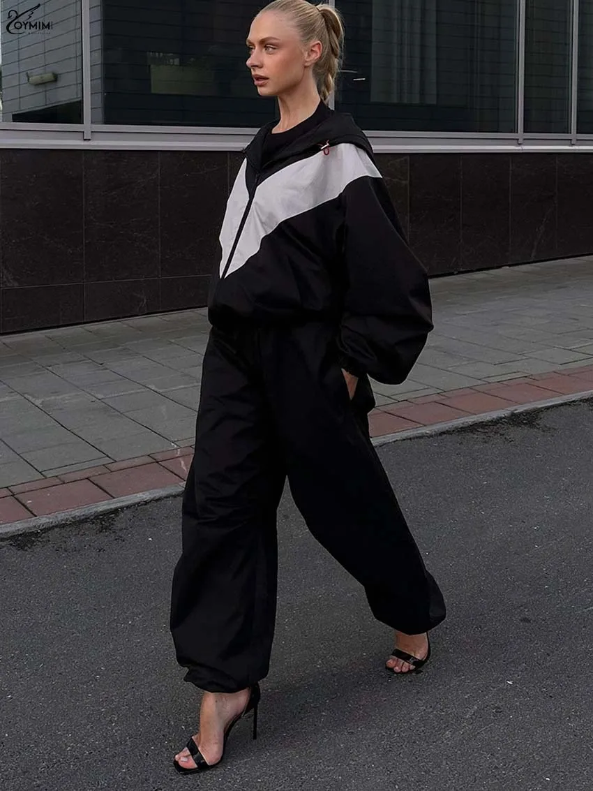 

Oymimi Fashion Black Women' S Clothes 2 Piece Sets Casual Patchwork Hooded Collar Long Sleeve Zipper Shirts And Trousers Sets