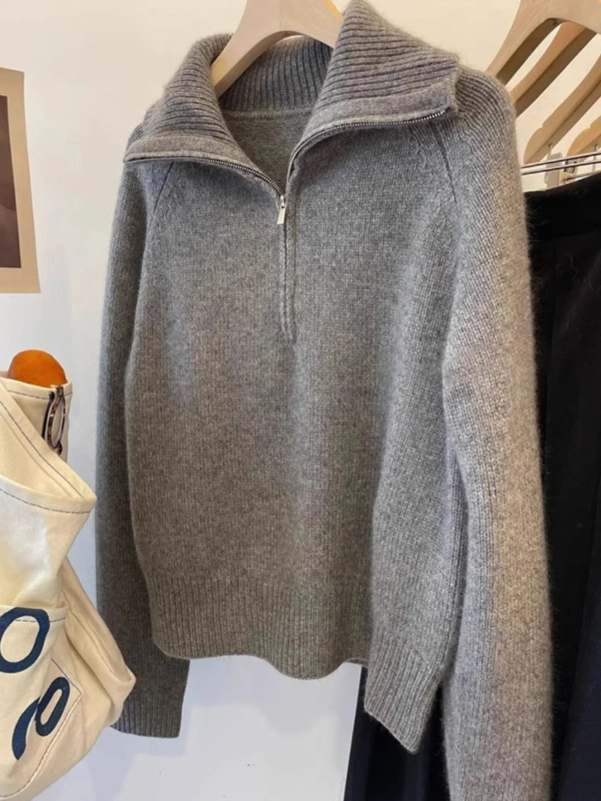 Women's Thickened High Collar Half Zip Sweater Loose Base Layer Shirt Korean Style Commute Thickened Winter Outerwear