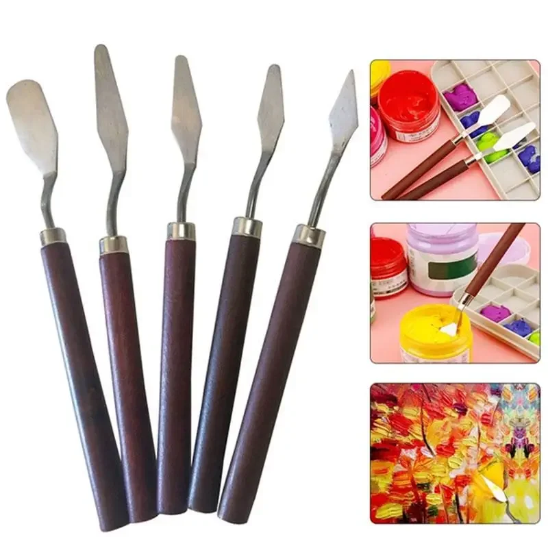 Stainless Steel Art Oil Painting Knife Color Mixing Knife Painting Supplies Wooden Flat Head Pointed Paint Scraper Blade