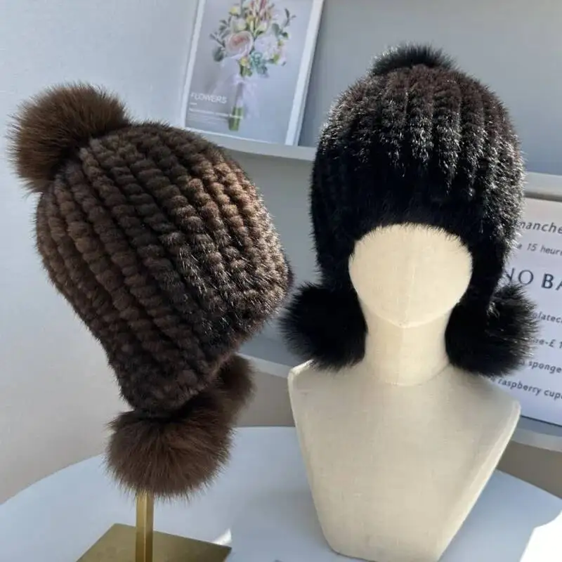 Mink Fur Knitted Hat For Women Winter Fashion Real Fur Hat With Fox Fur Ball Ear Protection Warm Fur Hat Good Elastic Fur Cap