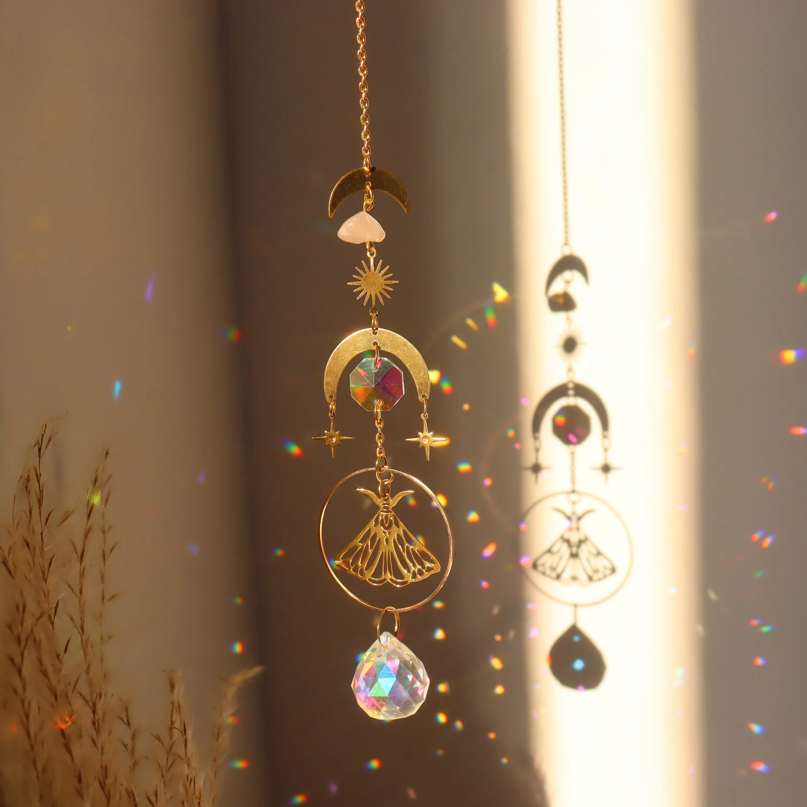 Brass Butterfly Moth Crystal Sun Catcher with Antennae - Dragonfly, Star, Fairy, Moon & Butterfly Window Hanging Decor for Room