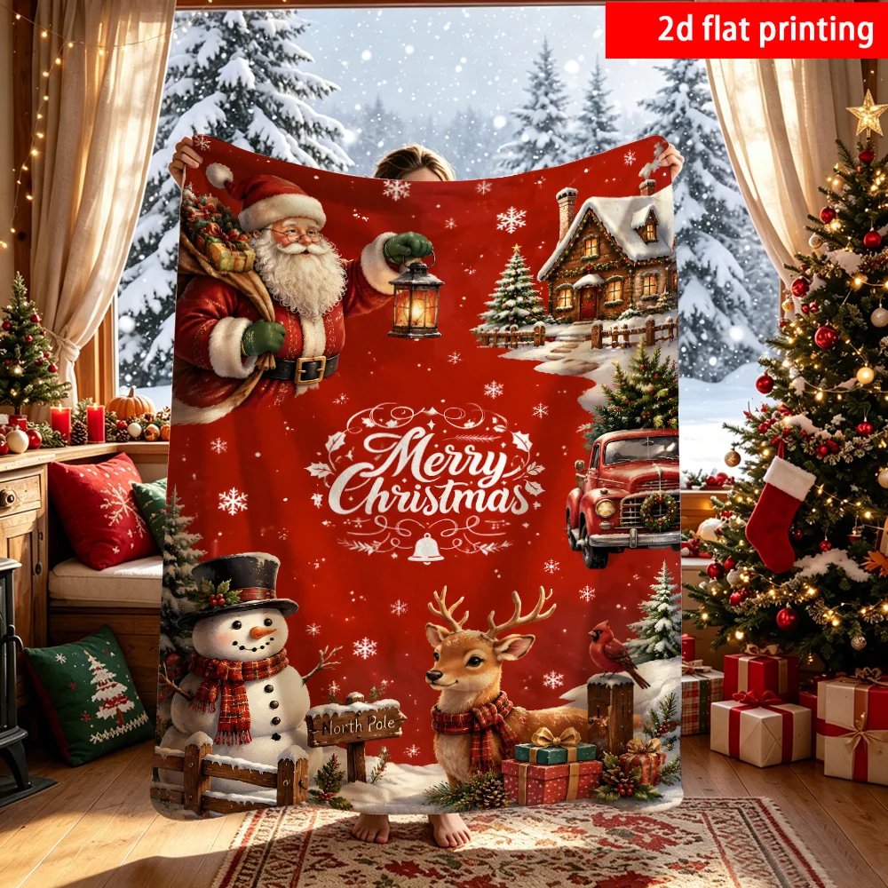 Coperta in flanella stampata su un lato, con motivi 2D, 1 pezzo, sfondo rosso in stile vintage, con immagini di Babbo Natale, pupazzo di neve, renne e un camion rosso, morbida e confortevole, ideale