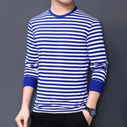 Men's Striped Long Sleeve T-shirt Retro Round Neck Rib Cuff Sailor Top Casual Pullover Top Navy Style T-shirt Men's Clothing