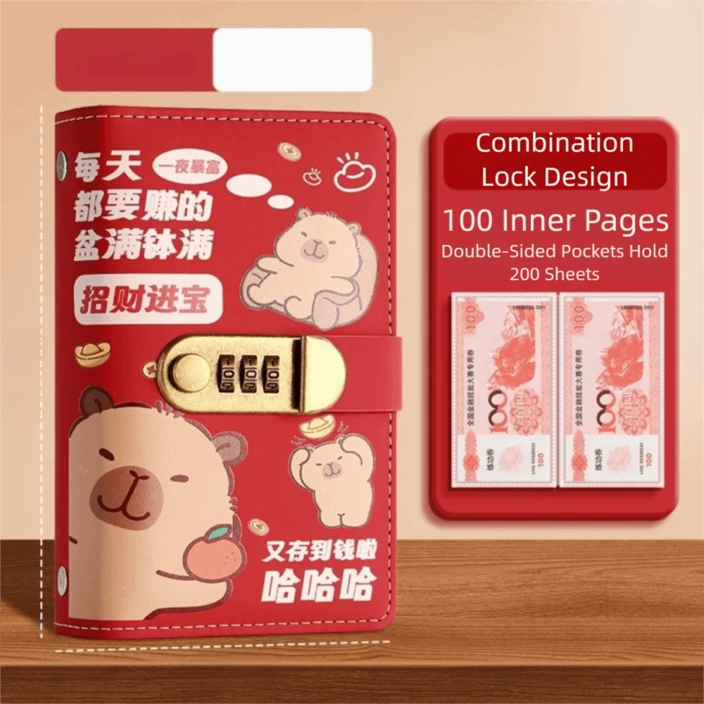 Cartoon Capybara Saving Money Binder with Password Lock PU Leather Budget Binder with Lock A6 Cash Envelopes Account Book Family