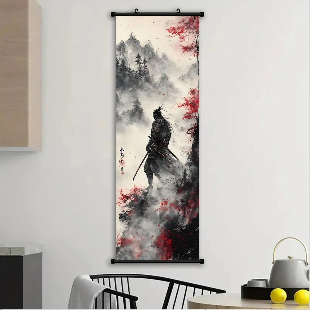 VIKAMA Japanese Samurai Ink Mountain 3 Piece Wall Scroll Tapestry Set Sakura Ink Wash Painting Wall Art Decor for Living Room