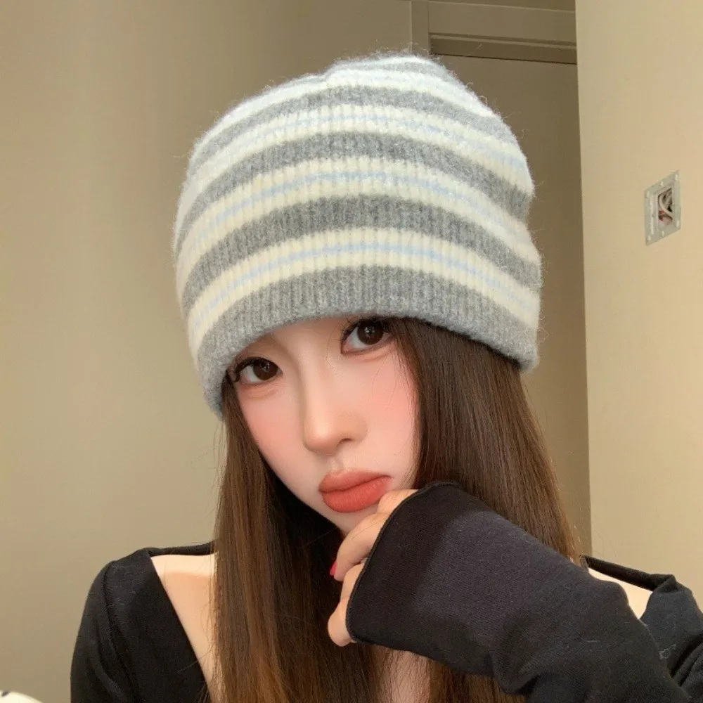 Fold-Up Wool Blend Striped Beanie Hat Thick Soft Ribbed Knitted Cap Windproof Color Blocked Warm Pullover Hat Autumn Winter