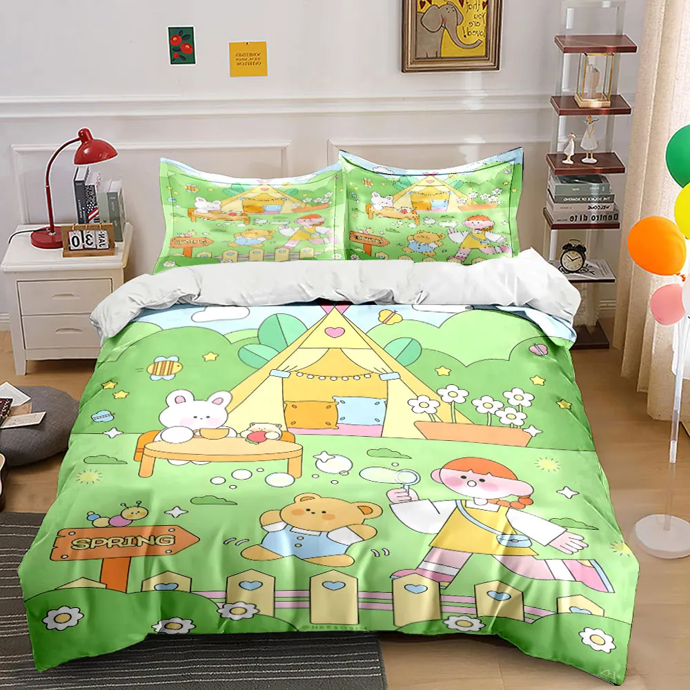 Spring countryside fun activities Pattern Duvet Cover Set Digital Print Colorful Polyester Bedding with Zipper Closur for gifts