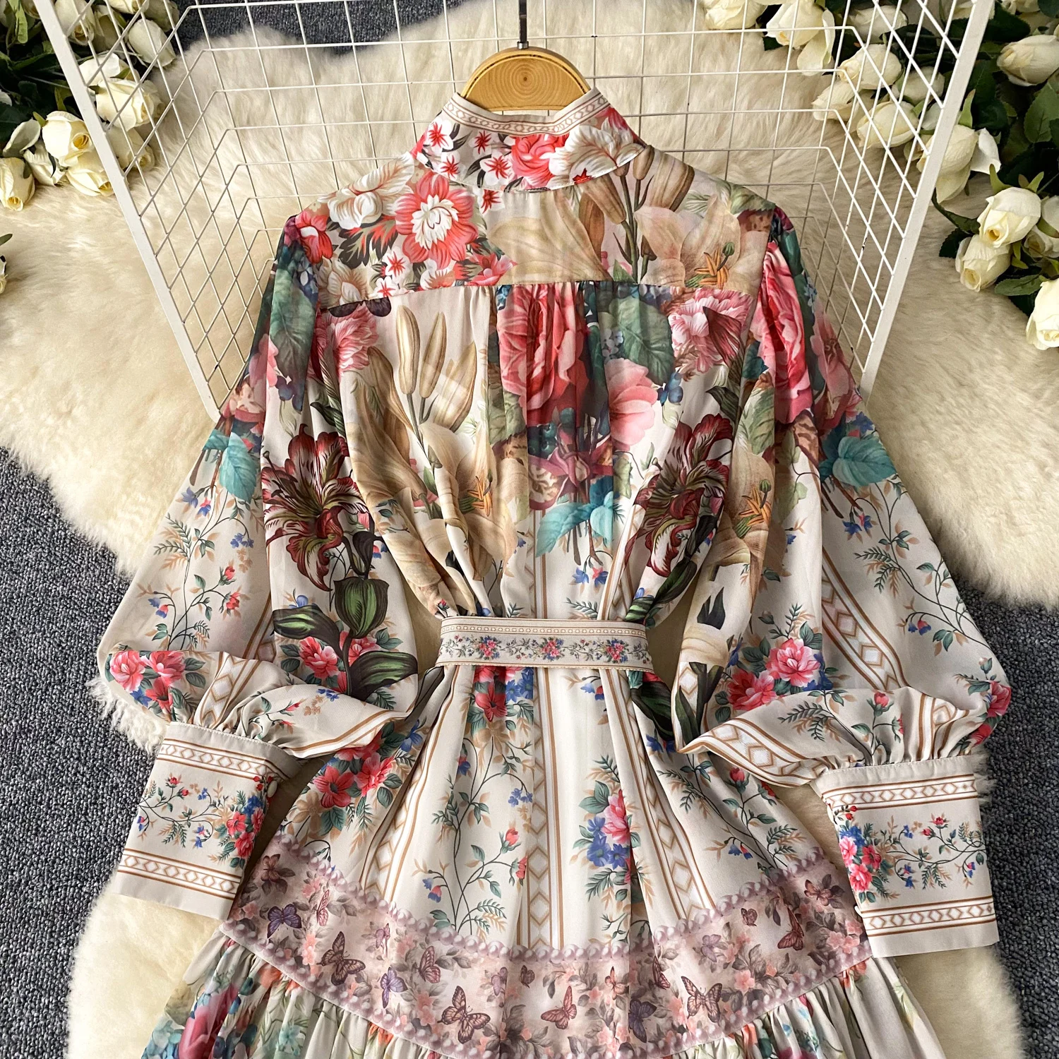 Summer Autumn Floral Print Maxi Dress Shirt Women Long Sleeve Single Breasted A Line Palace Design Loose Printing Party Vestidos