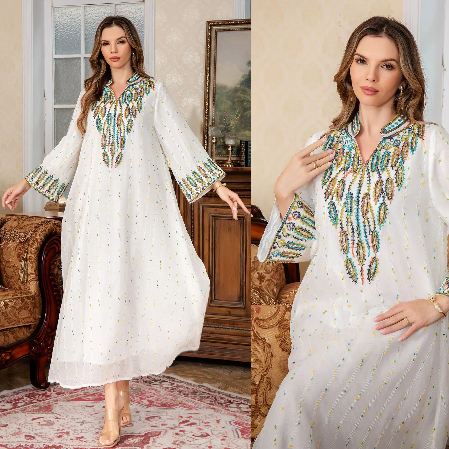 

Elegant Rope Embroidered Jalabiya Dubai Abaya Middle East Muslim Women's Long Dress Kaftan Robe Arabian Islamic Clothing Party G