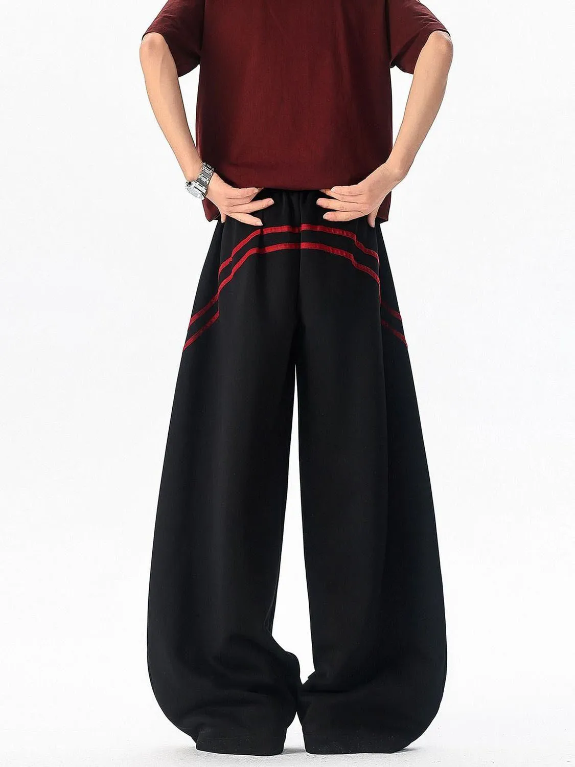 Women Oversized Wide Leg Sweatpants 2026 Casual Wine Red Striped Drawstring Joggers Y2K Streetwear Loose Harajuku Sports Trouser