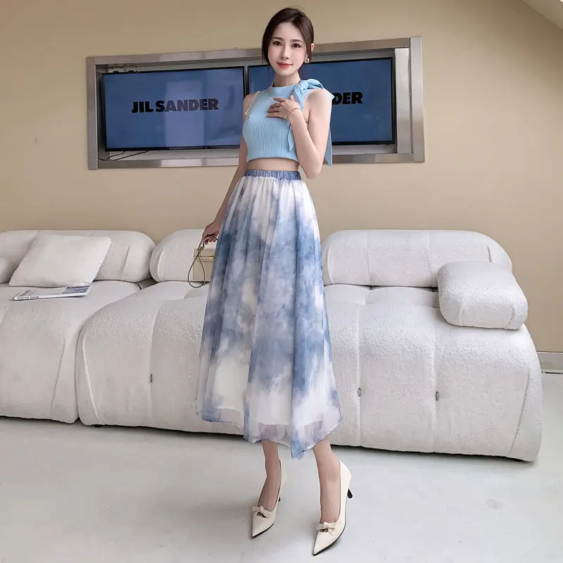 Korean Fashion Tie Dye Chiffon Voile Skirt Women Casual Elastic High Waist Spring Summer Party Midi Long Skirts Ladies