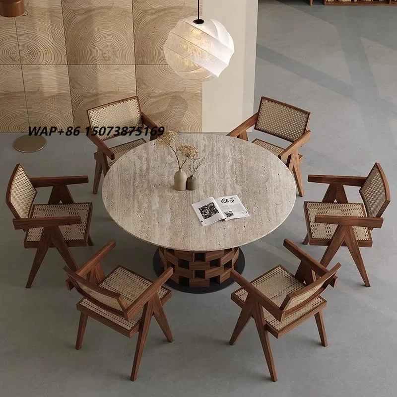 Hot Selling Modern Solid Wood Dining Table with Travertine Top Round Design for Small Apartment Dining Room Non-Foldable