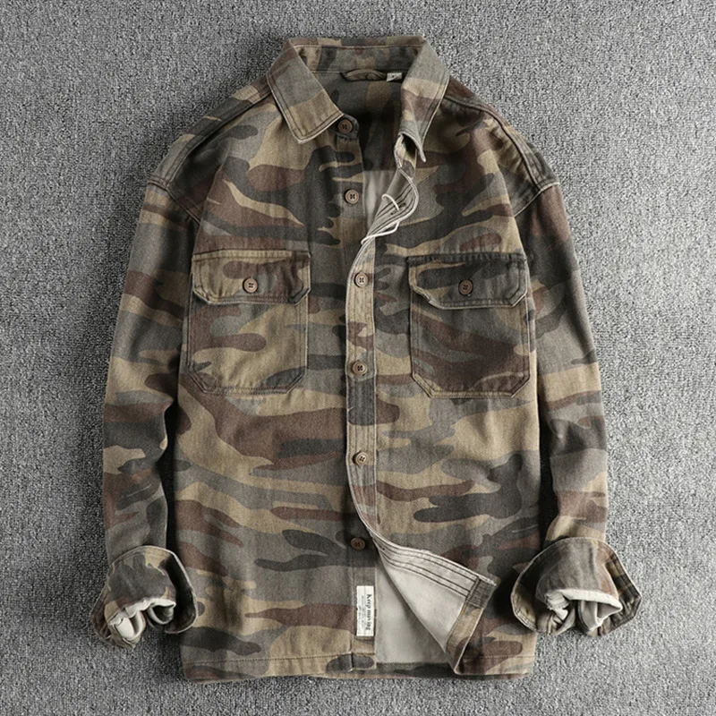 Workwear Long Sleeve Shirt Jacket For Men Amikaki Washed Thick Woven Cotton Coats Spring Autumn Versatile Camouflage Jacket