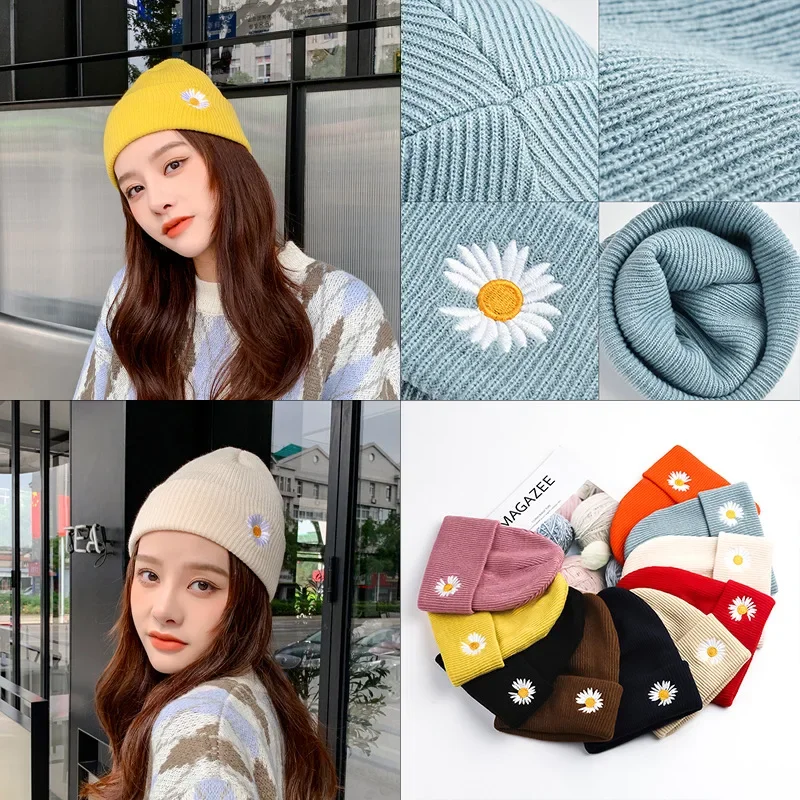 Knitted Hat with Daisy Embroidery Women Teen Girls Beanie Cap for Winter Autumn Outdoor Winter Bonnets